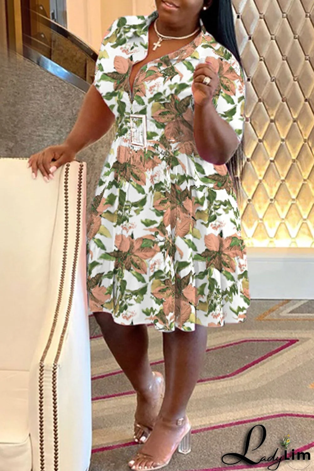 Purple Casual Print Patchwork Fold Turndown Collar A Line Plus Size Dresses