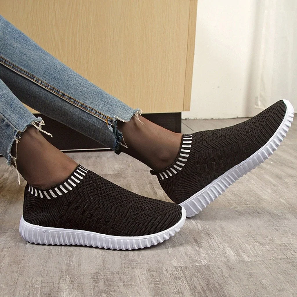 Women Knitting Flat Autumn Sneakers Slip On Comfort Loafers Female Hollow Out Platform Casual Shoes | EGEMISS