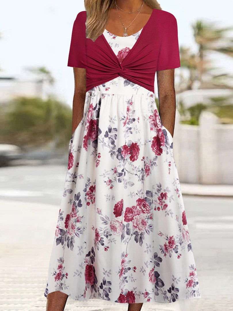 Women's Short Sleeve Scoop Neck Floral Printed Midi Dress