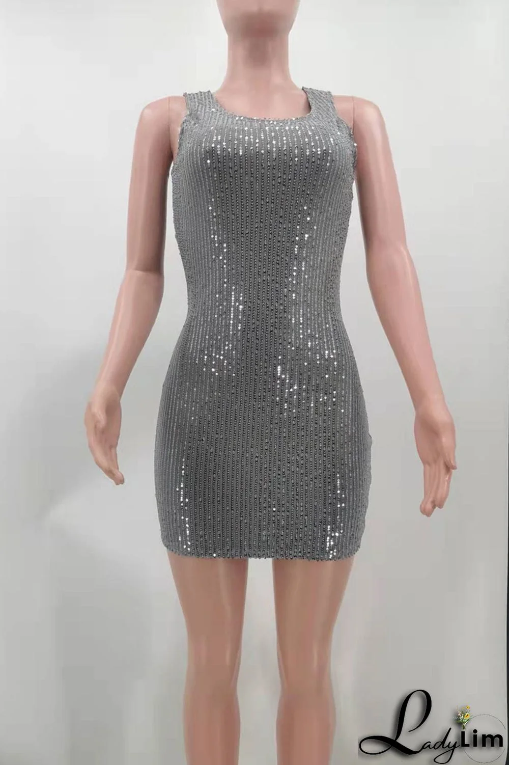 Blue Fashion Sexy Solid Sequins Patchwork O Neck Vest Dress