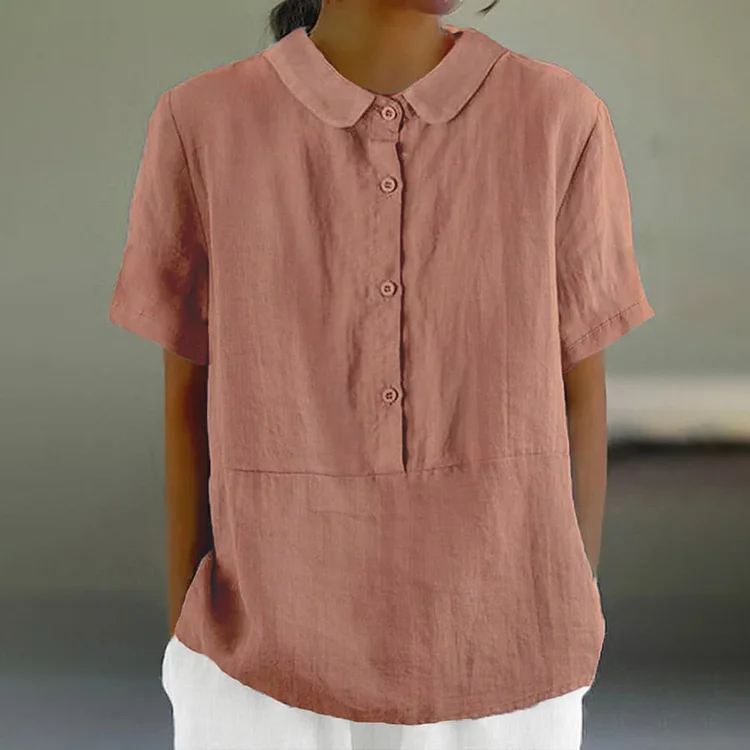 VChics Solid Color Cotton And Linen Lapel Short Sleeved Casual Blouse