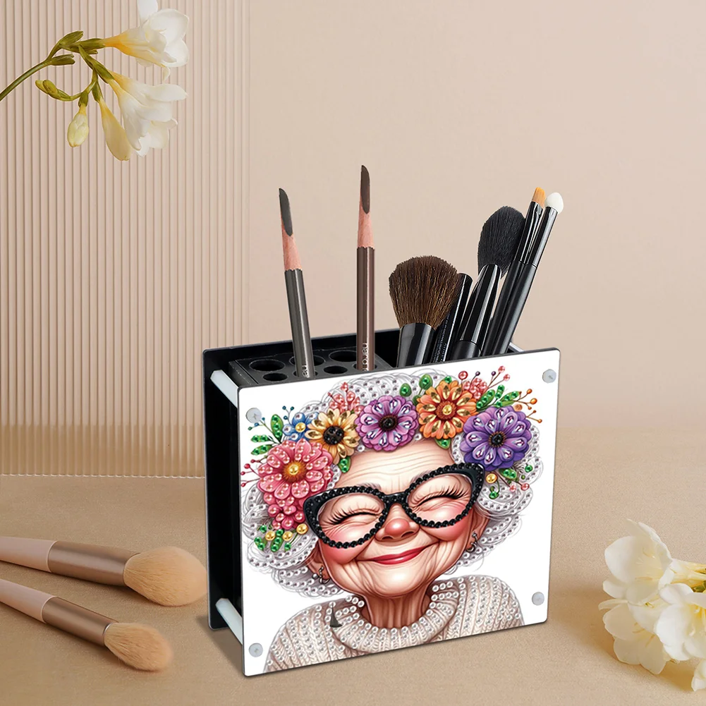 DIY Old Lady Special Shaped Diamond Painting Acrylic Pencil Holder Organizer