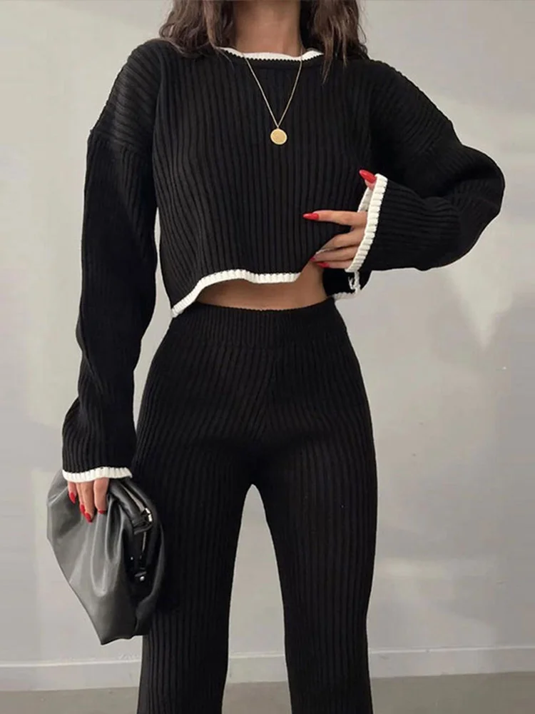 Colourp Women Casual Contrast Slit Sweater Suits O-Neck Knitted Crop Pullover And Wide Leg Pants Female 2 Piece Set Elegant Warm Outfits