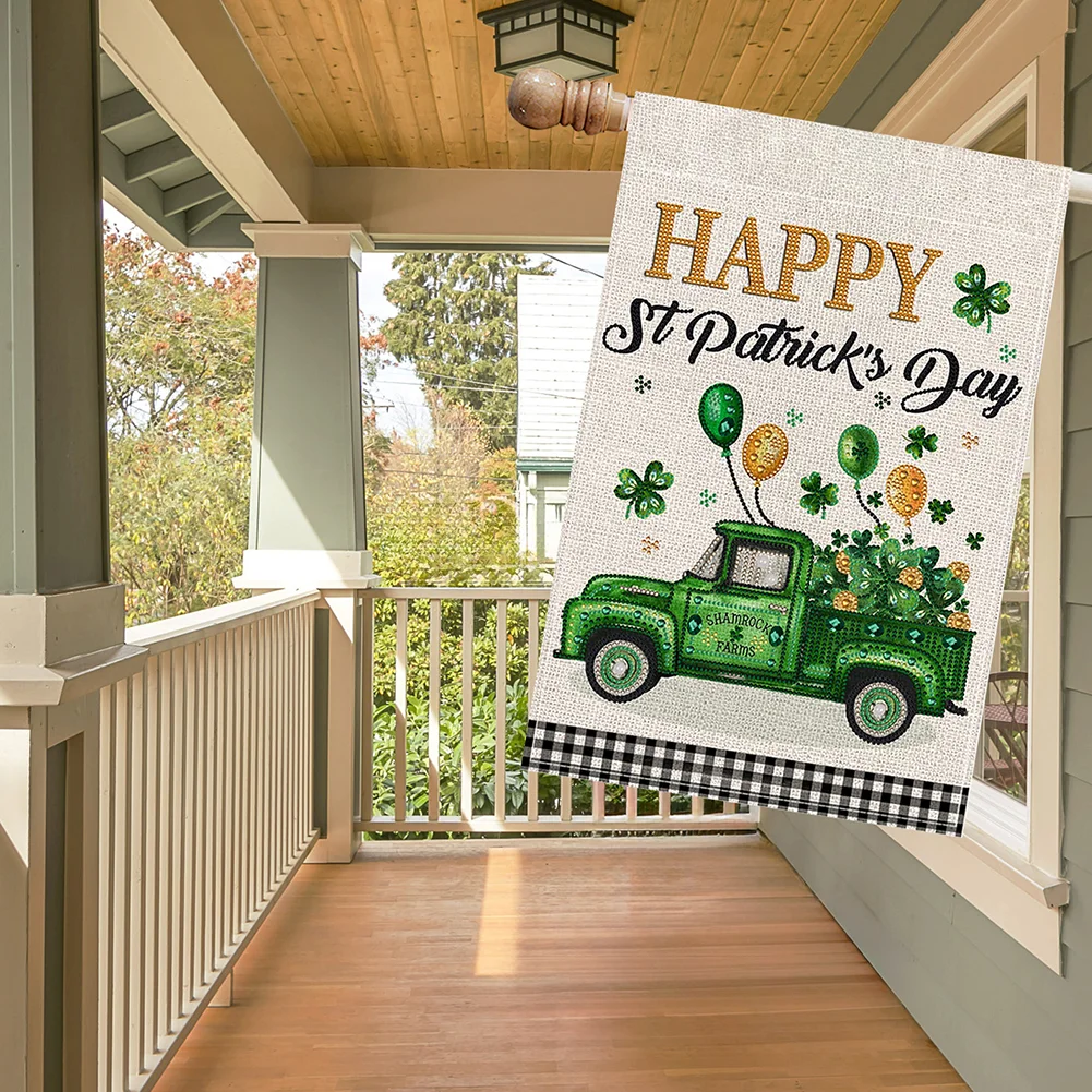St. Patrick S Day Green Car Diamond Painting Garden Flag for Garden Patio Yard