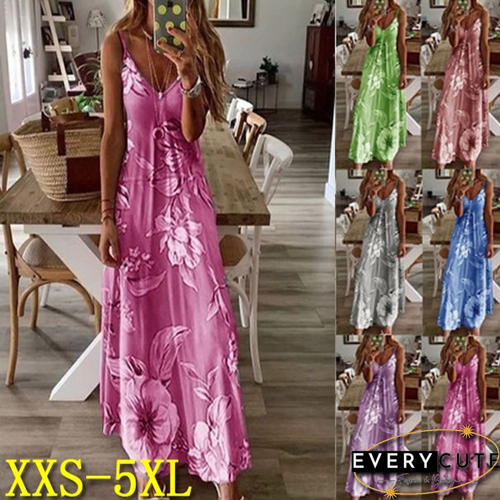 New Summer Women's Sleeveless U-Neck Letter Floral Print Dress Big Swing Skirt Gradient Vest Dress Loose Casual Long Dress Plus Size