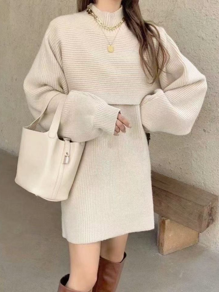 Fashion Knit Two-Piece High Neck Sexy Mini Dress