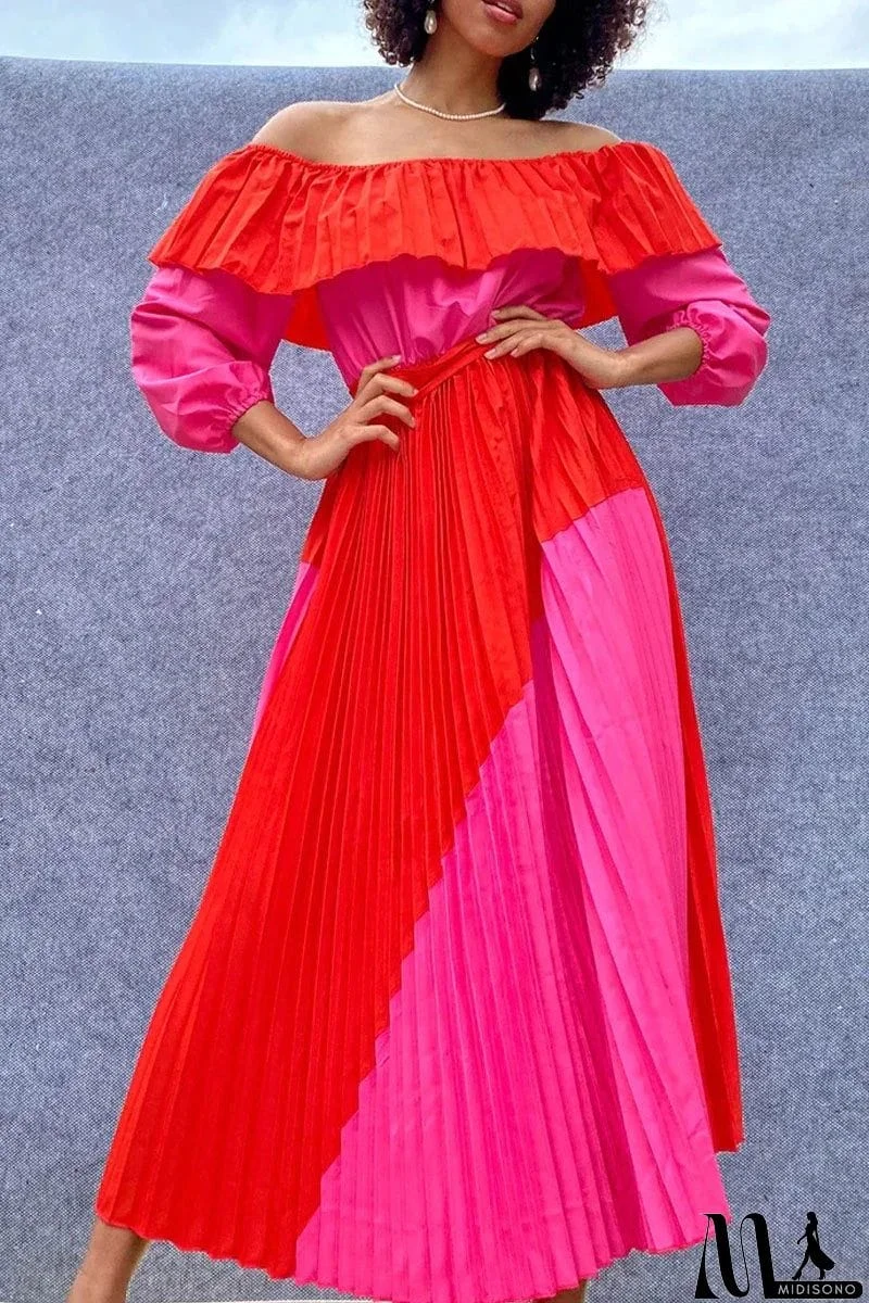 MidiSono - Fashion Street Solid Patchwork Off the Shoulder A Line Dresses