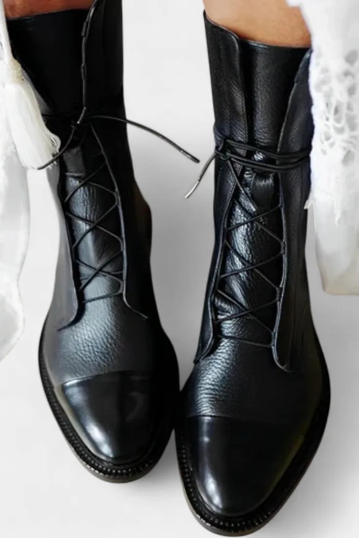 Lace-Up Mid-Calf Boots with Cap-Toe Detail