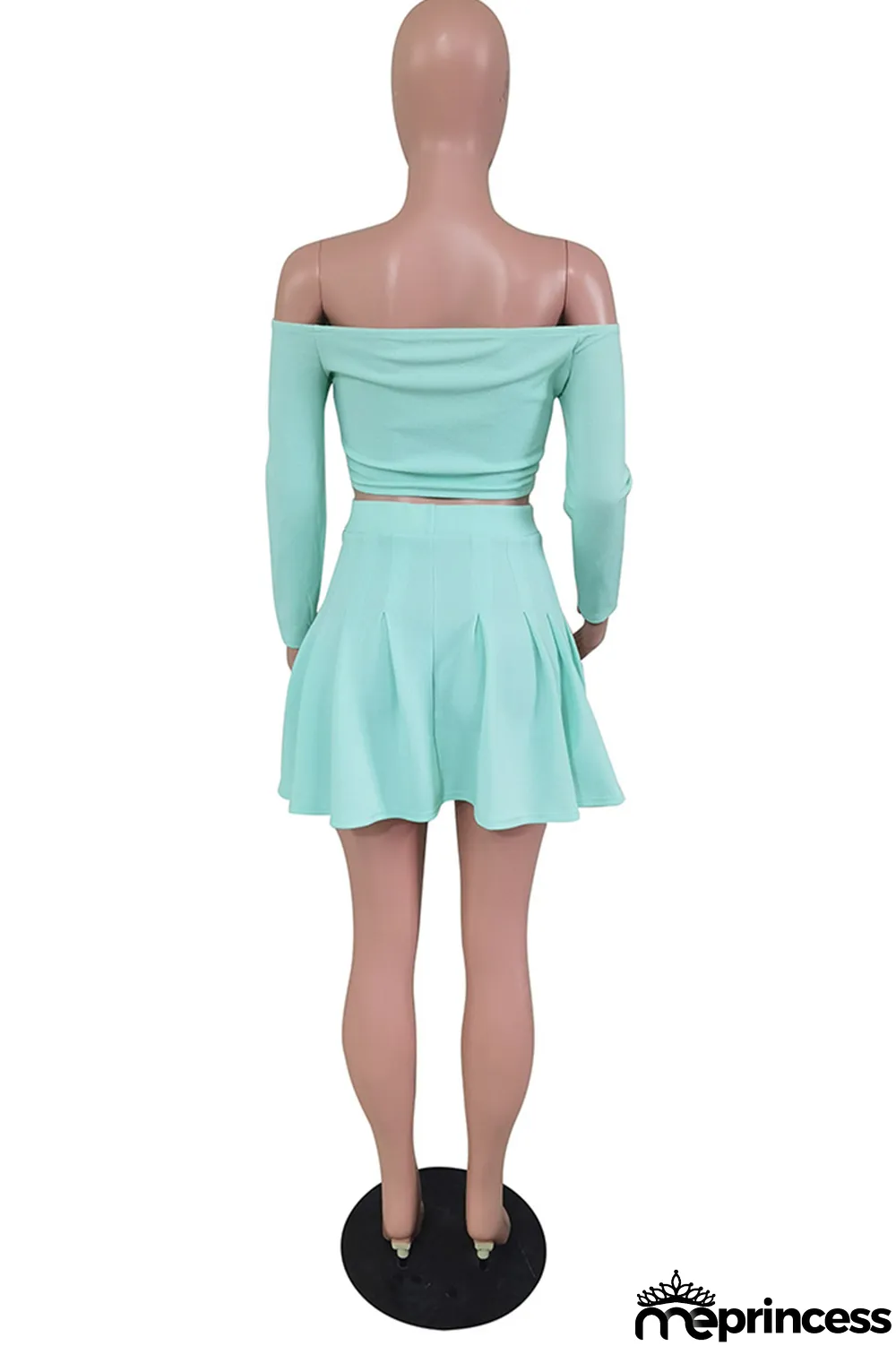 Cyan Sexy Casual Solid Backless Off the Shoulder Long Sleeve Two Pieces