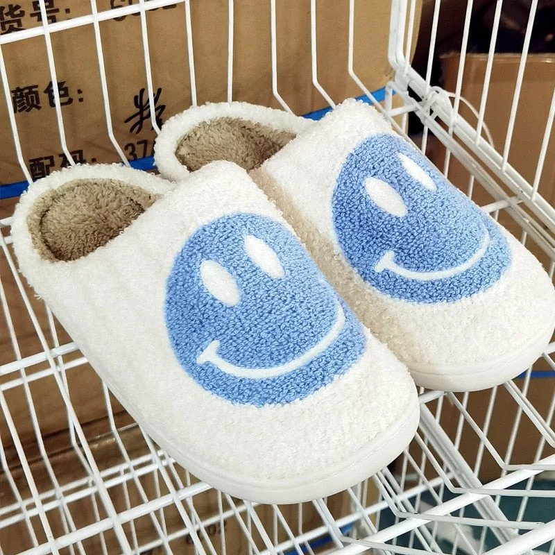 Smiley Face Women Winter Home Fur Slippers Indoor Footwear Cozy Cute Cartoon Pattern Slip on Plush Slides House Ladies Shoes