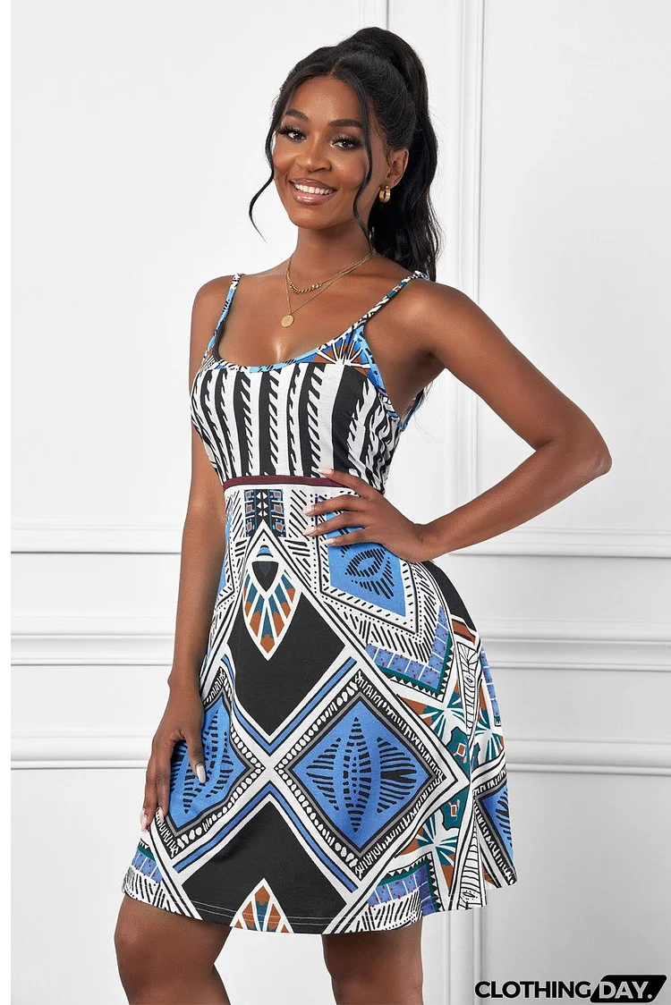 Blue Geometric Spaghetti Straps Boho Mini Dress