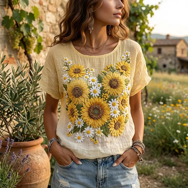 🌻 Women's Sunflower Embroidered Boho Blouse