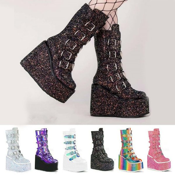 Women Fashion Chunky Platform Knee High Boots High Heel Round-Toe Zip Punk Goth Mid Calf Combat Boots for Women Ankle Boots - Shop Trendy Women's Clothing | LoverChic