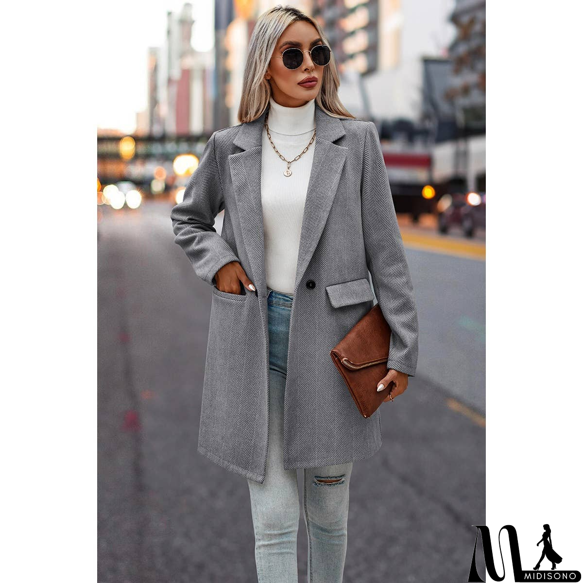 MidiSono - Button Front Open Solid Pockets Fit Blazer