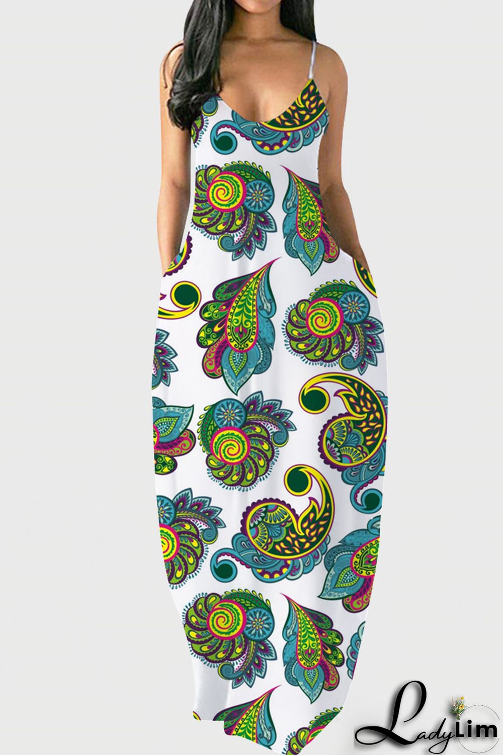 Tibetan Blue Fashion Sexy Print Backless Spaghetti Strap Long Dress