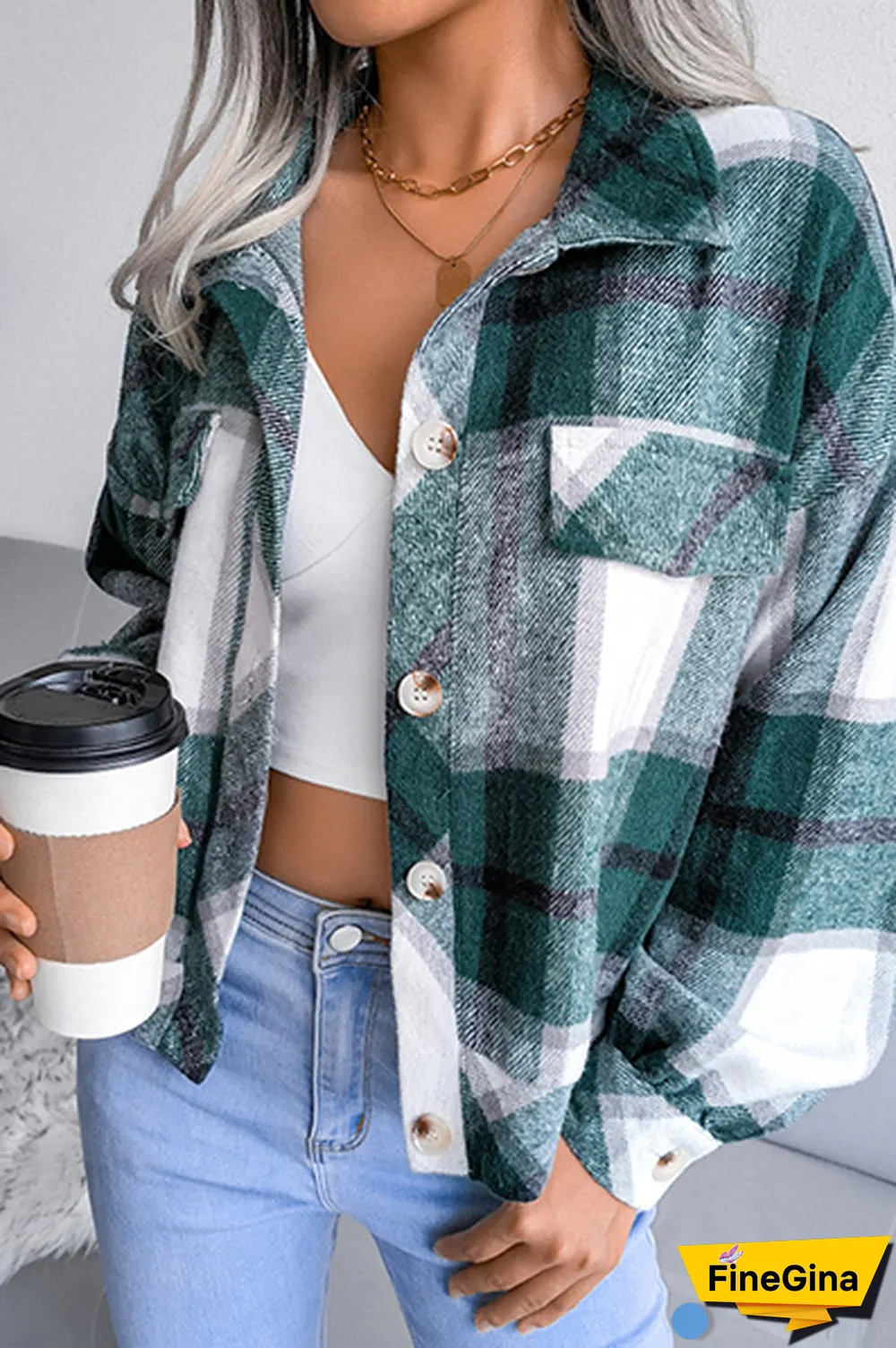 Casual Plaid Patchwork Buckle Turndown Collar Outerwear(3 Colors)