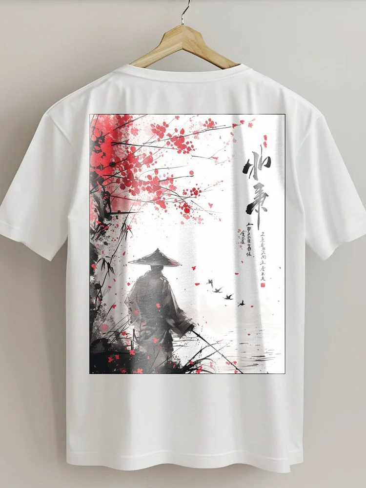 Men's Japanese Samurai Ink Painting Print Cotton Casual T-Shirt