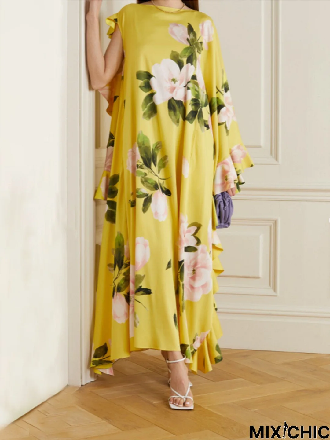 Long Sleeve Crew Neck Floral Holiday Maxi  Dress