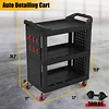 Yenntrss 3 Tier Auto Detailing Cart with Wheels, Rolling Detail Carts with Long Hanging Plate & Hooks & Hanging Bucket, Car Wash Organizer Cart for Detailers Garage Workshop, Repair Shop, Storage Tool