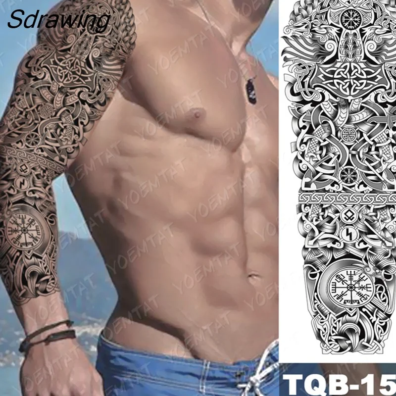 Sdrawing Arm Sleeve Tattoo Tiger Lion Wolf Owl Waterproof Temporary Tatto Sticker Crown Warrior Body Art Full Fake Tatoo Men Women