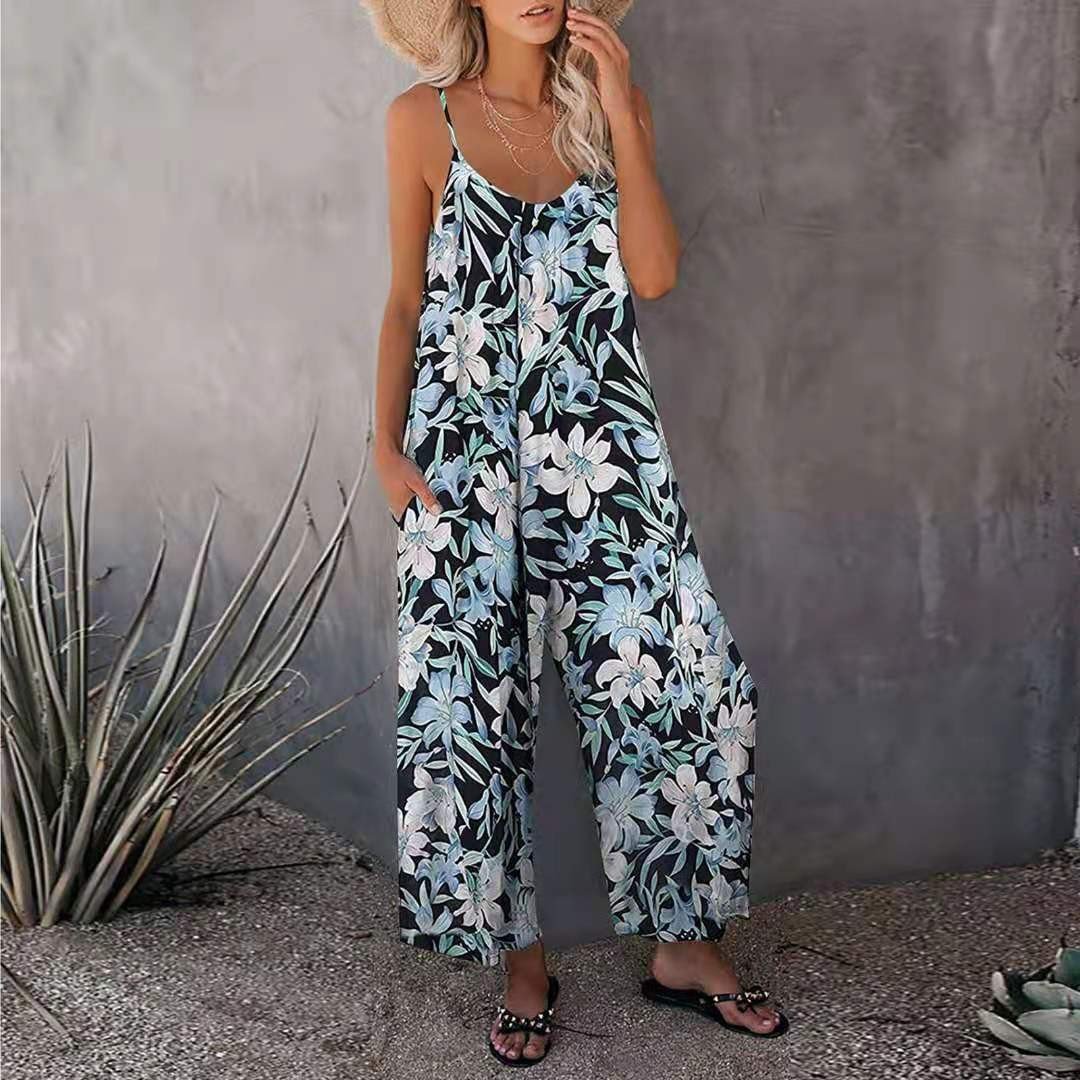 Printed Sleeveless Loose Sling Long Jumpsuit