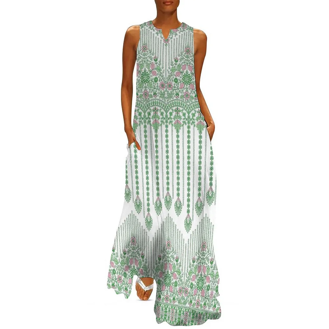 Style & Comfort for Mature Women Plus Size Printed Sleeveless Casual Women Maxi Dress with Pockets in Pattern Green, Vintage