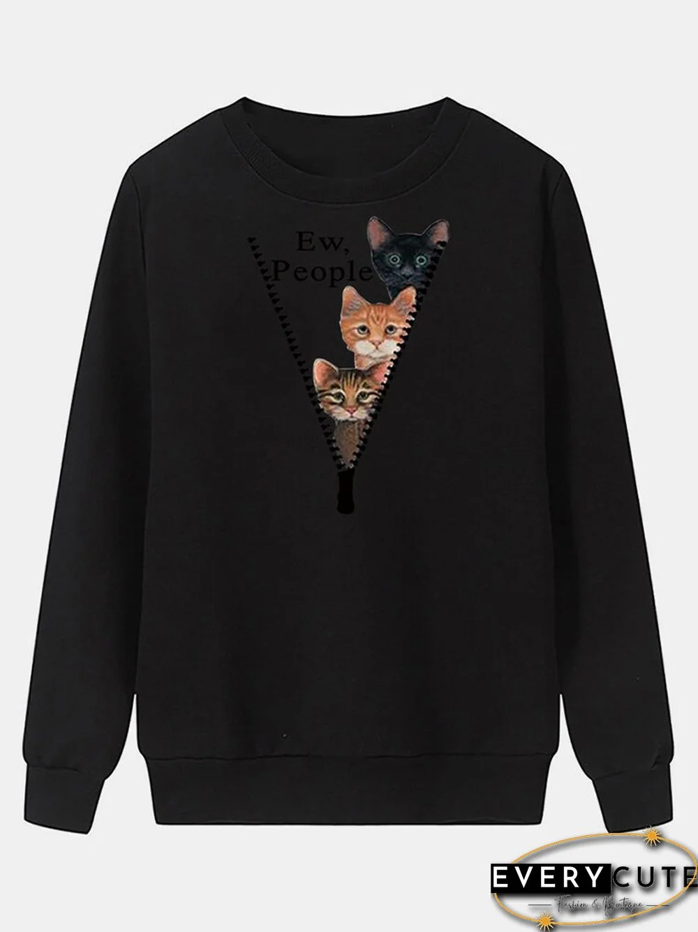 Cartoon Cat Printed O-neck Long Sleeve Sweatershirt