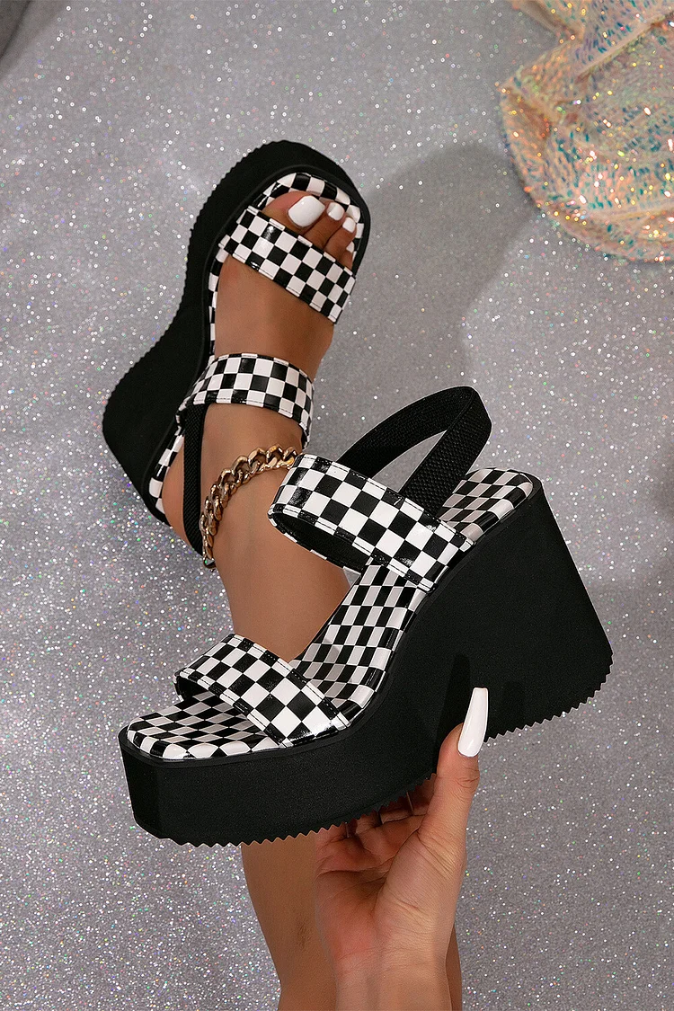 Colorblock Plaid Print Square Toe Platform Wedge Heels