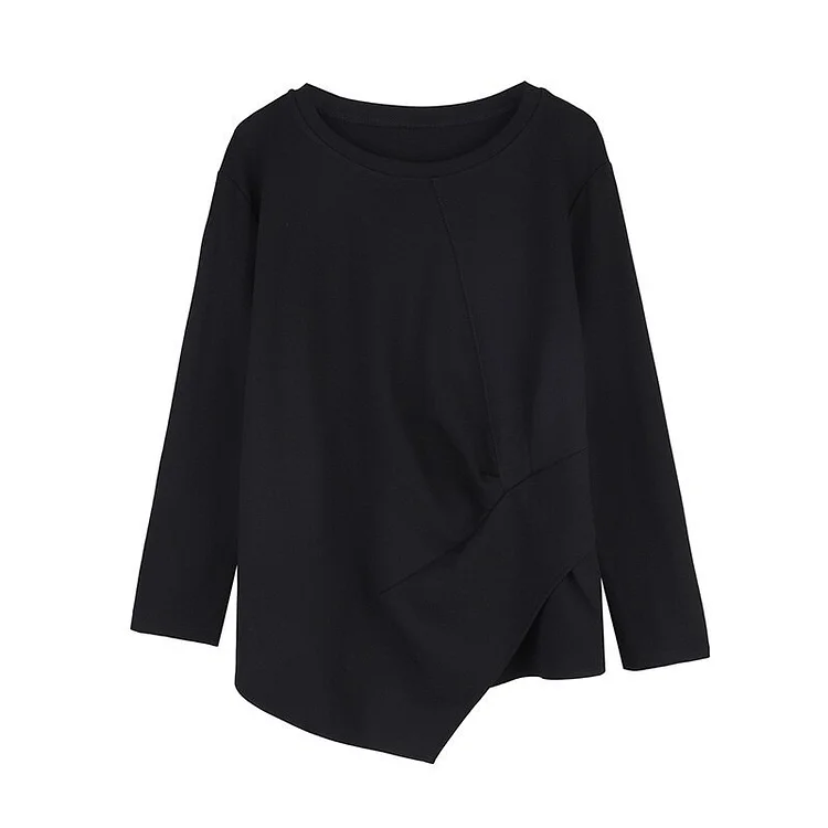 Casual Loose Solid Color Round Neck Asymmetrical Split Joint Long Sleeve T-shirt     