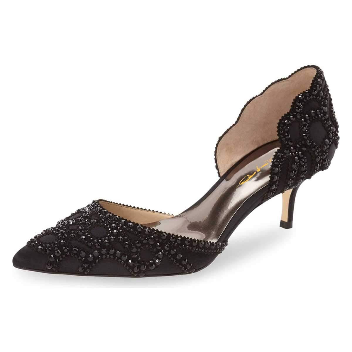 Black Rhinestone Flower Pointed Toe Kitten Heel Pumps for Women Nicepairs