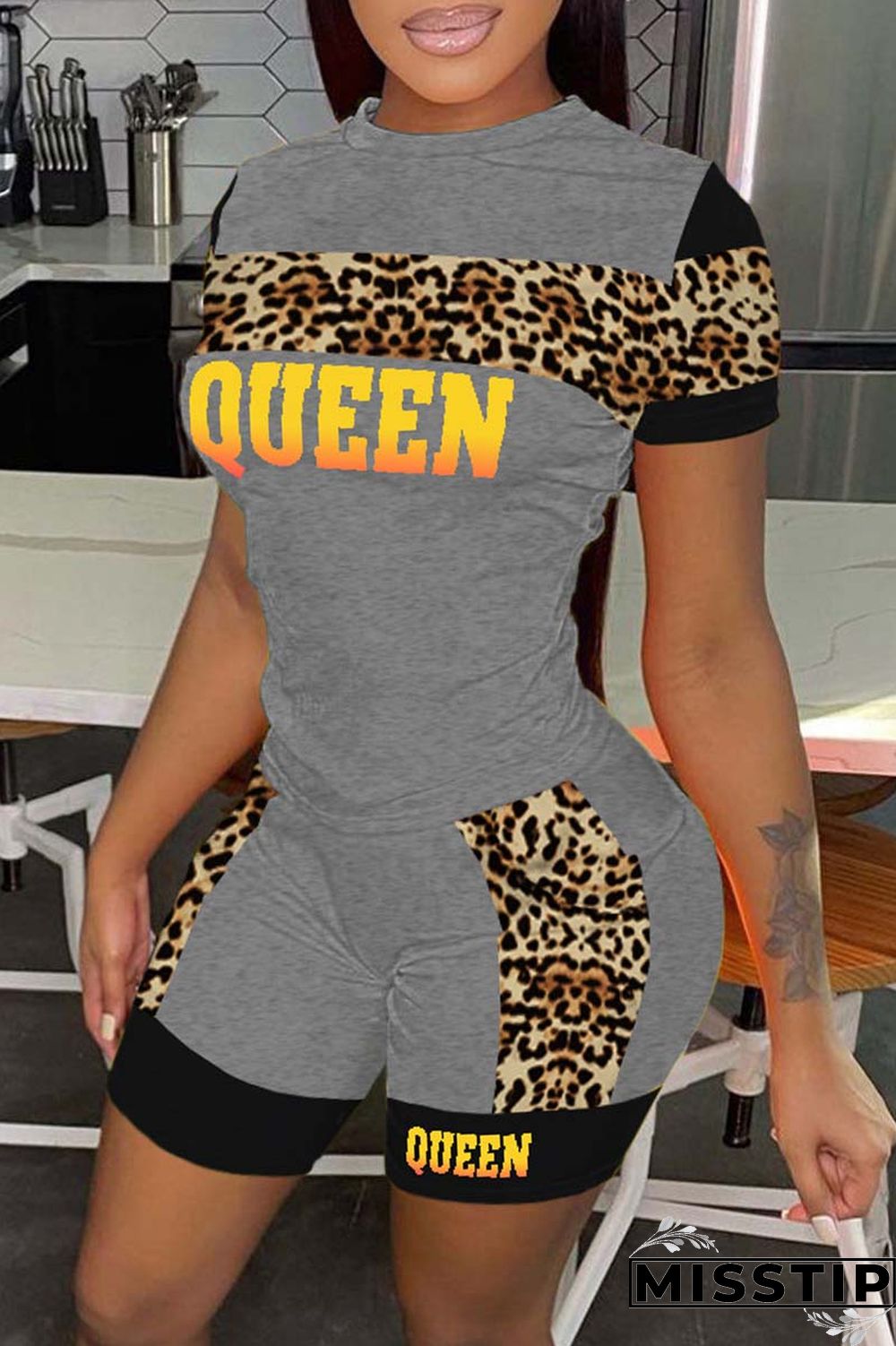 Pink Casual Letter Print Patchwork O Neck Short Sleeve Two Pieces