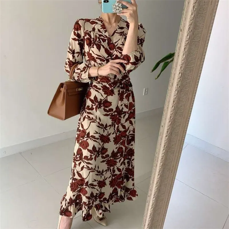 Retro Chic Floral Print Elegant Long Dress Outgoing Spring Womens All-Match Sweet