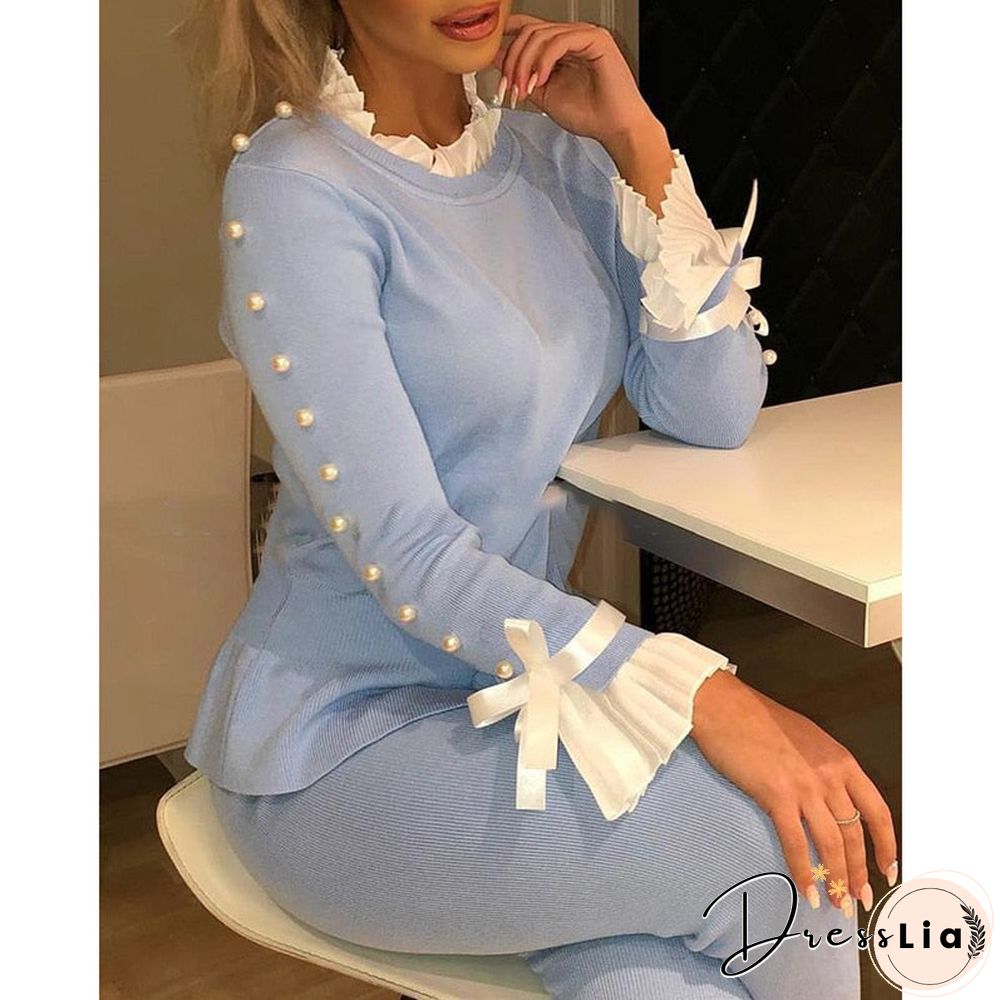 Shirts Bowknot Buttoned Cuff Slim Blouse Autumn Long Sleeve Women Tops Casual Elegant Knit Wild Office Splicing Blouses