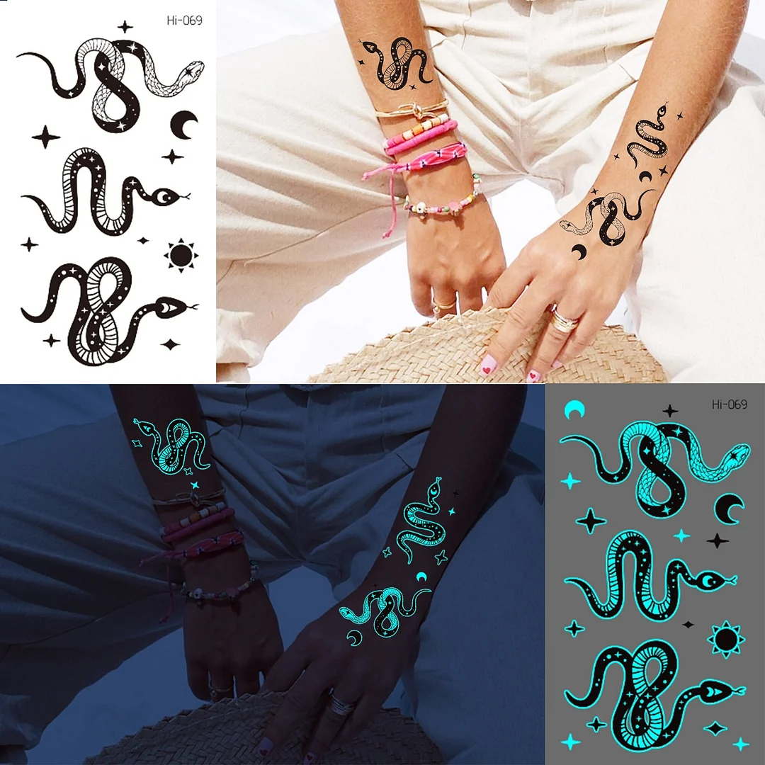 Sdrawing Glowing Butterfly Sea Waves Temporary Tattoos For Women Men Glow In The Dark Glitter Feather Fake Tattoo Sticker Luminous
