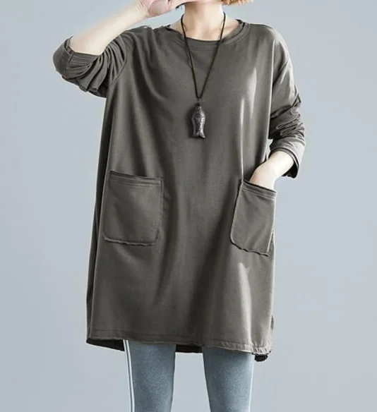 Pure Color Knitted Raw Edge Patch Pocket Casual Round Neck Long Sleeve Dress