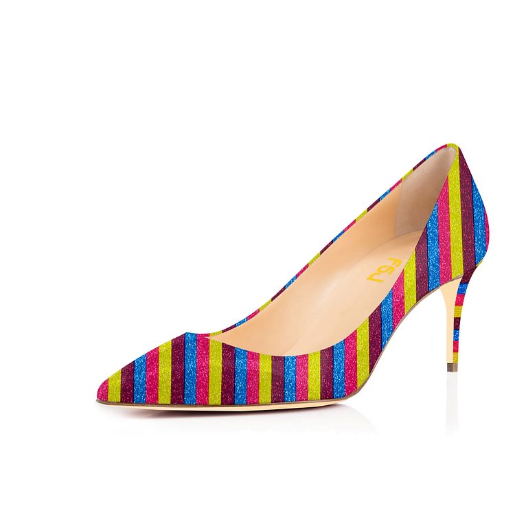 Colorful Kitten Heels Rainbow Stripes Pointy Toe Pumps |FSJ Shoes