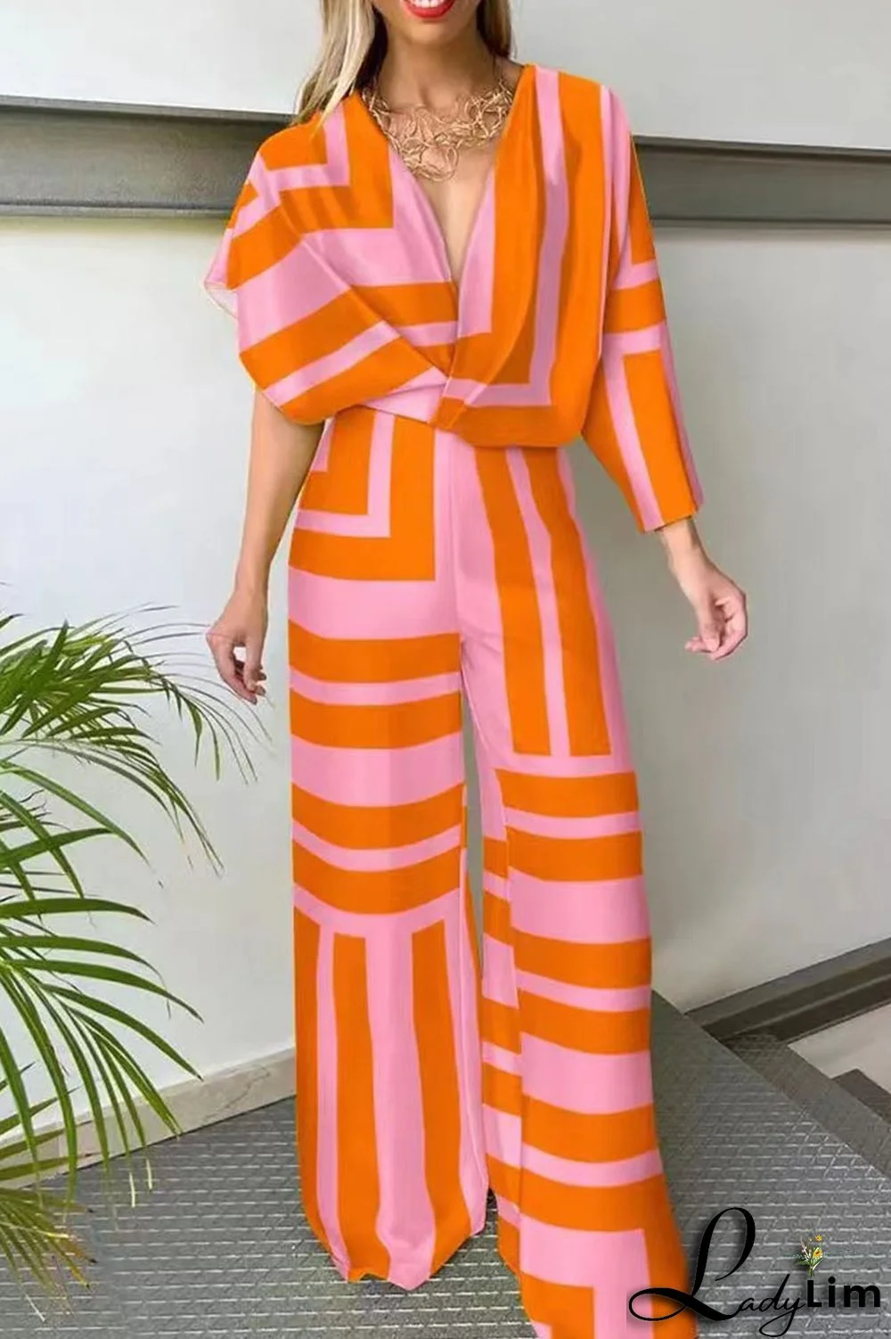 Orange Casual Print Patchwork Asymmetrical V Neck Straight Jumpsuits