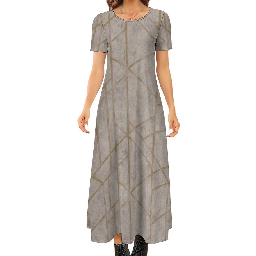 Grey Geometric Pattern Metropolitan Stories Short Sleeve Loose Plain Maxi Dresses Women Casual Bohemain Beach Long Dresses