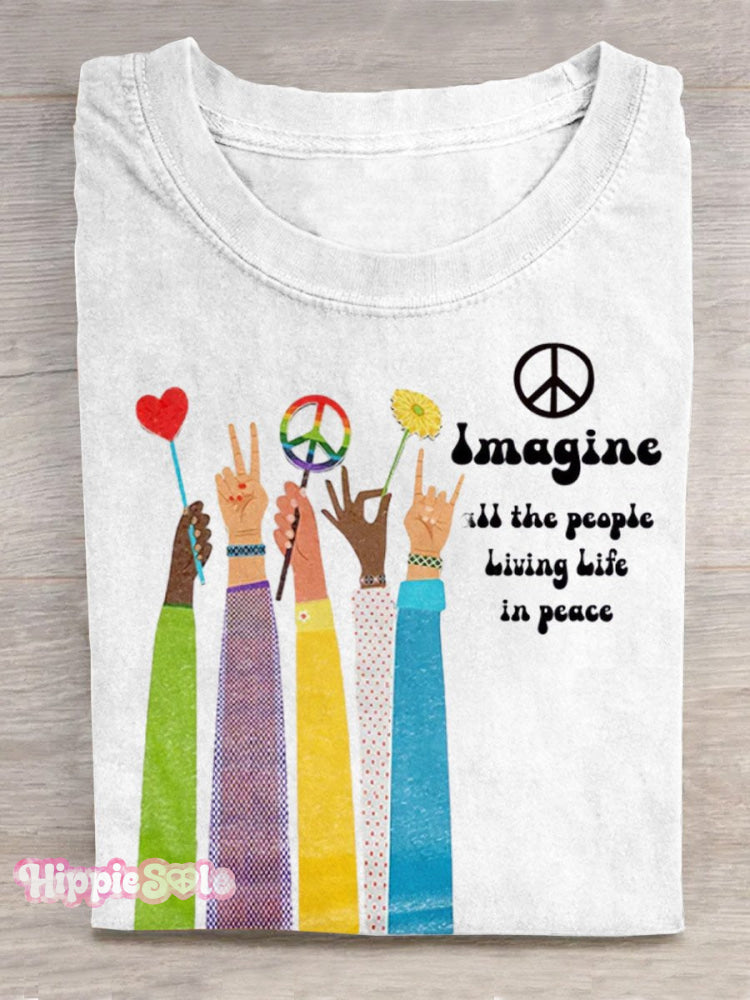 Imagine All The People Living Life In Peace Art Print Casual T-Shirt White / S