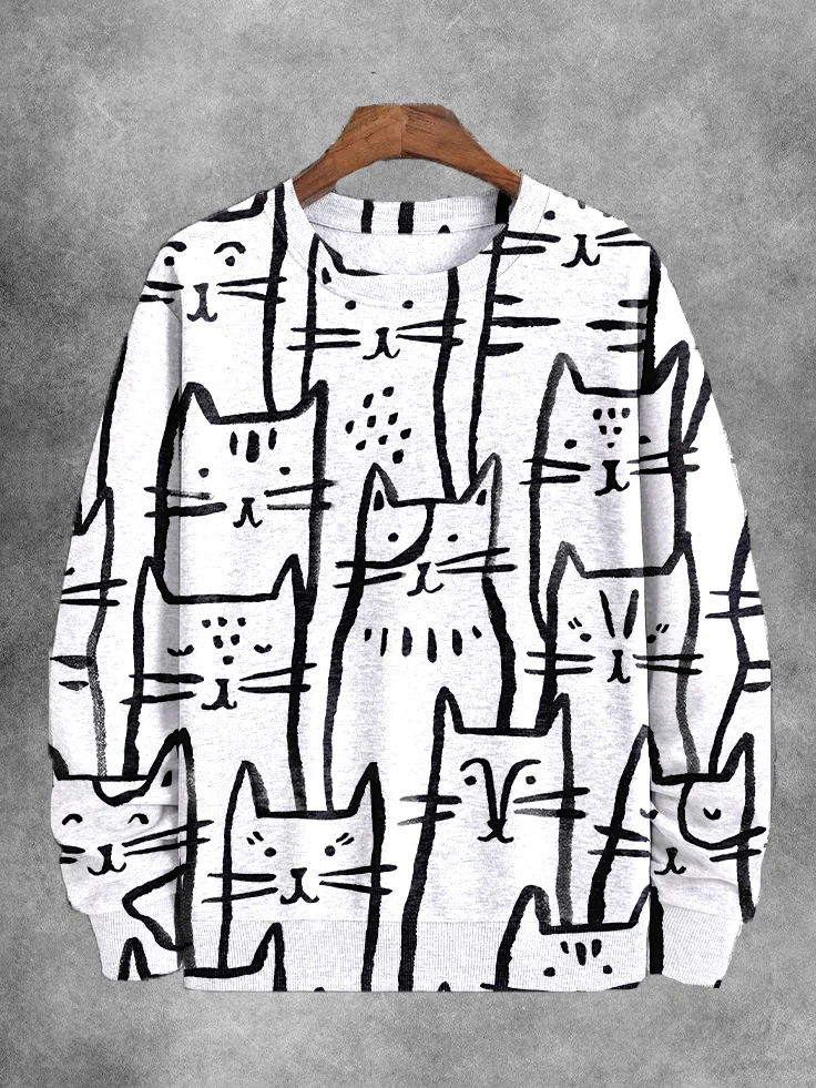 Men's Cute Cartoon Cat Graphic Print Casual Sweatshirt
