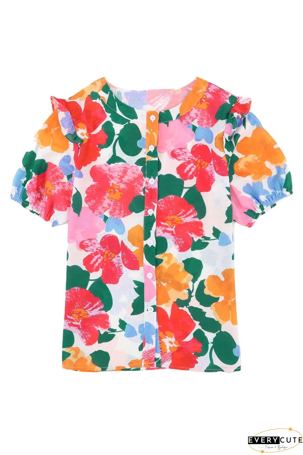 Floral Fantasy Puff Sleeve Blouse with Ruffle Detail