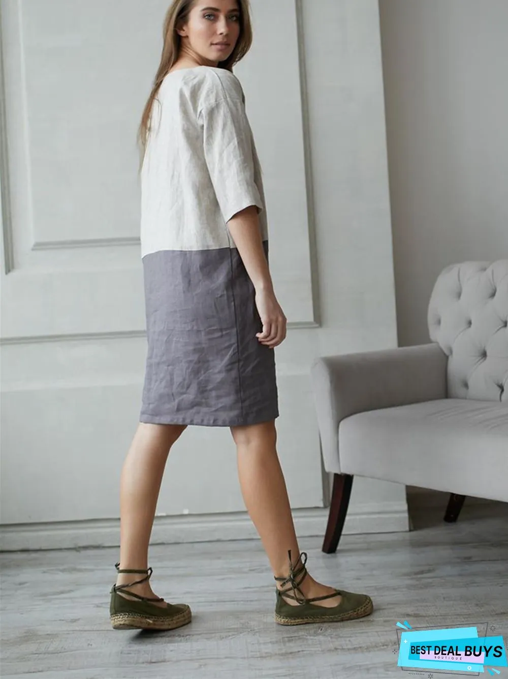 Loose Solid Color Cotton Linen Patchwork Dress Round Neck Seven Sleeve Skirt Waist