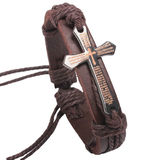 YOY-Vintage Leather   Metal Cross Jesus Bracelet