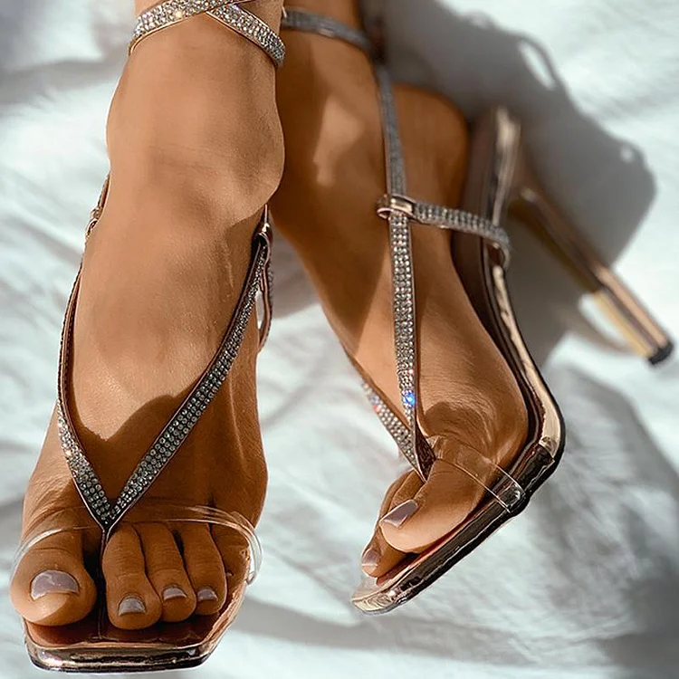 Rhinestones Strappy Sandal Women's Stiletto Heels Square Toe Wrap Sand |FSJ Shoes