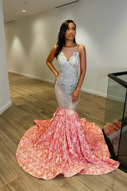 Elegant Pink Evening Dress Sequins Long Flower With V Neck Tulle YL0092