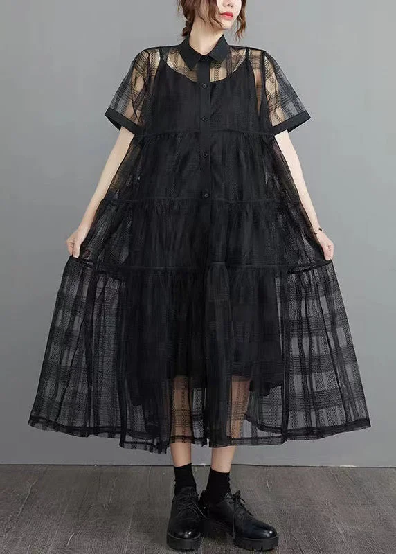 French Black Solid Button Tulle Two Piece Set Short Sleeve