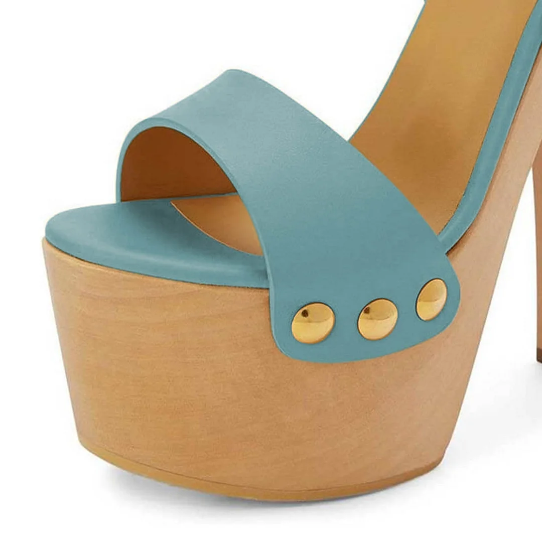 Light Blue Open Toe Platform Chunky High Heels Shoes with Studs