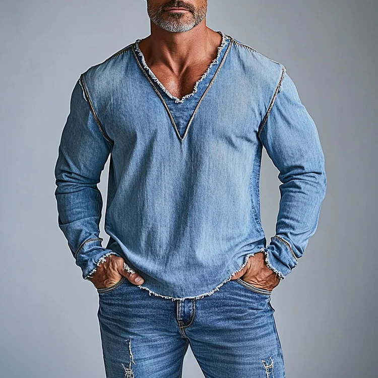 Men's Casual Raw Edge V Neck Long Sleeve Denim T-Shirt