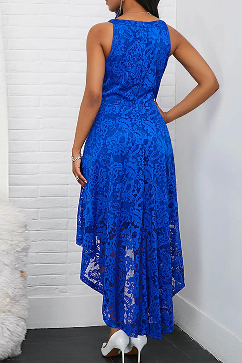 Elegant Solid Split Joint Asymmetrical O Neck A Line Dresses