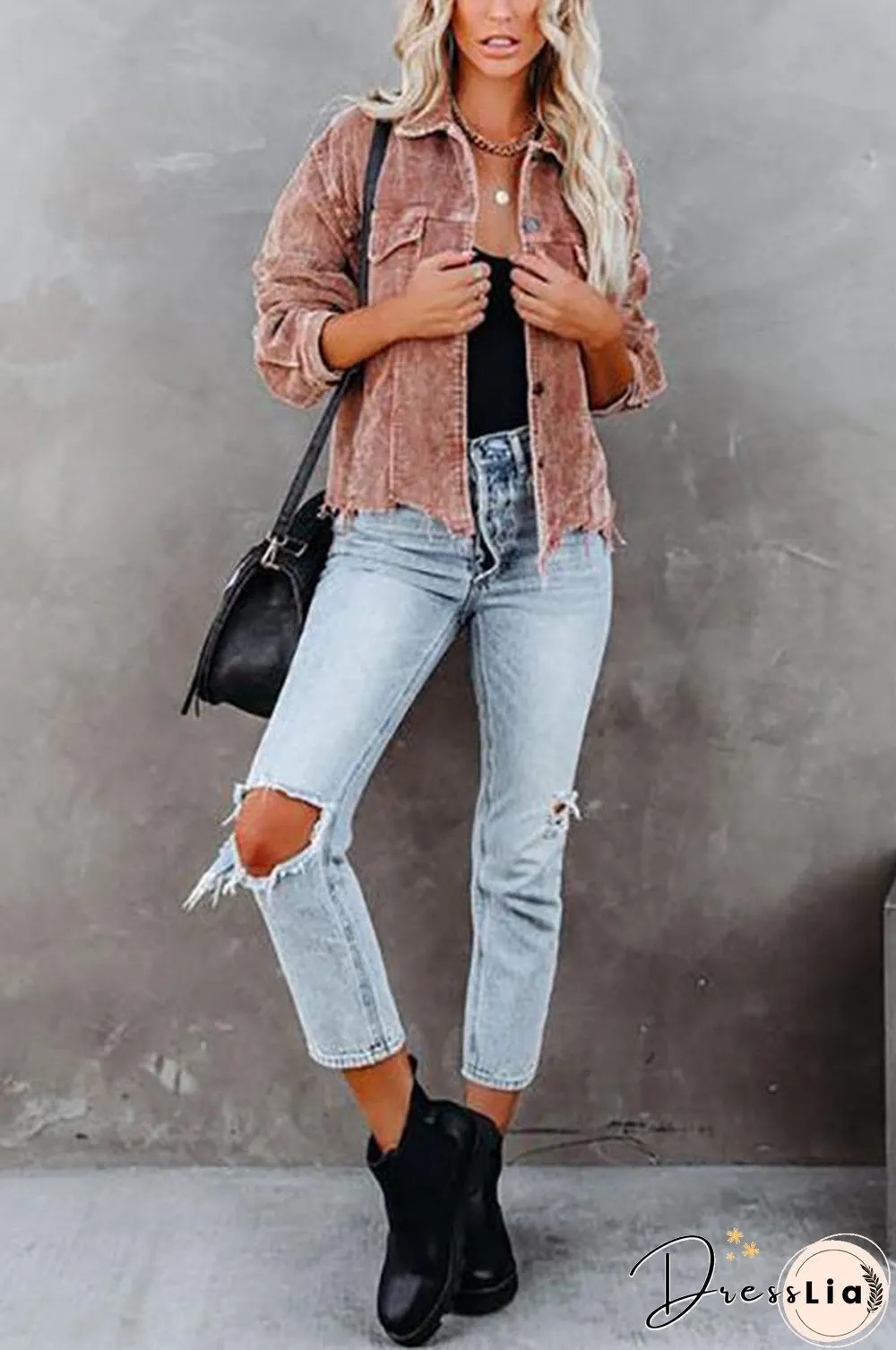 Frayed Hem Cropped Corduroy Jacket